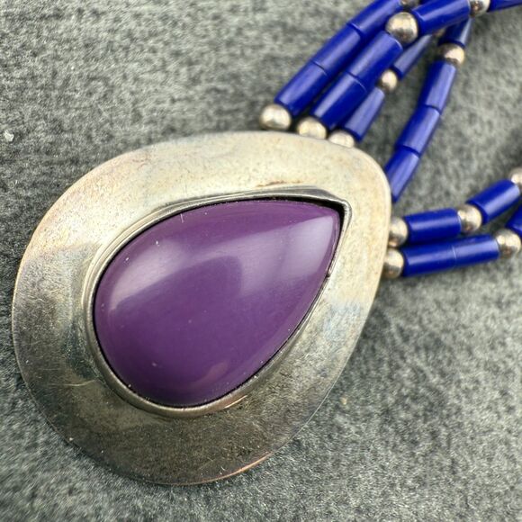 Native American Liquid Sterling Silver Purple Sugilite Blue Lapis Necklace VTG - Picture 3 of 16